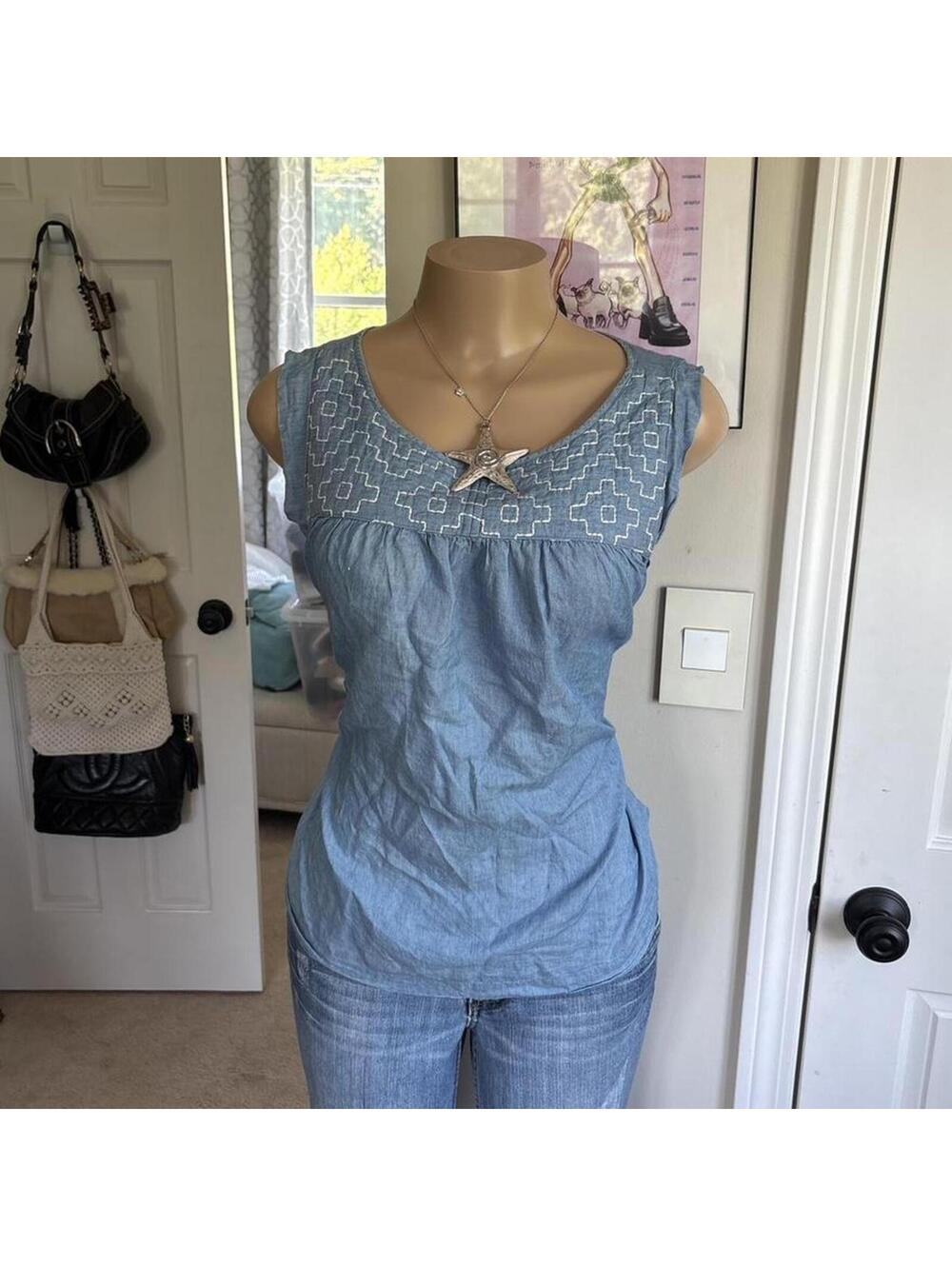 y2k 2000s chambray embroidered denim tank top
